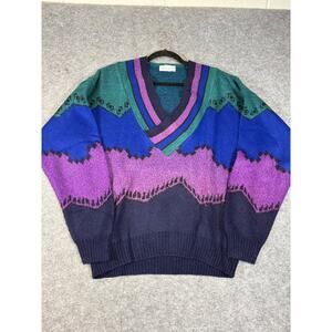 VINTAGE Bachrach Sweater Mens Medium Blue Geometric Knit Pullover 80s Grandpa